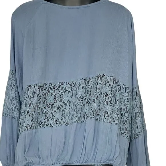 POL Women's Boho Lace Peasant Blouse Light Blue V-Neck Long Sleeve S - Picture 2 of 6